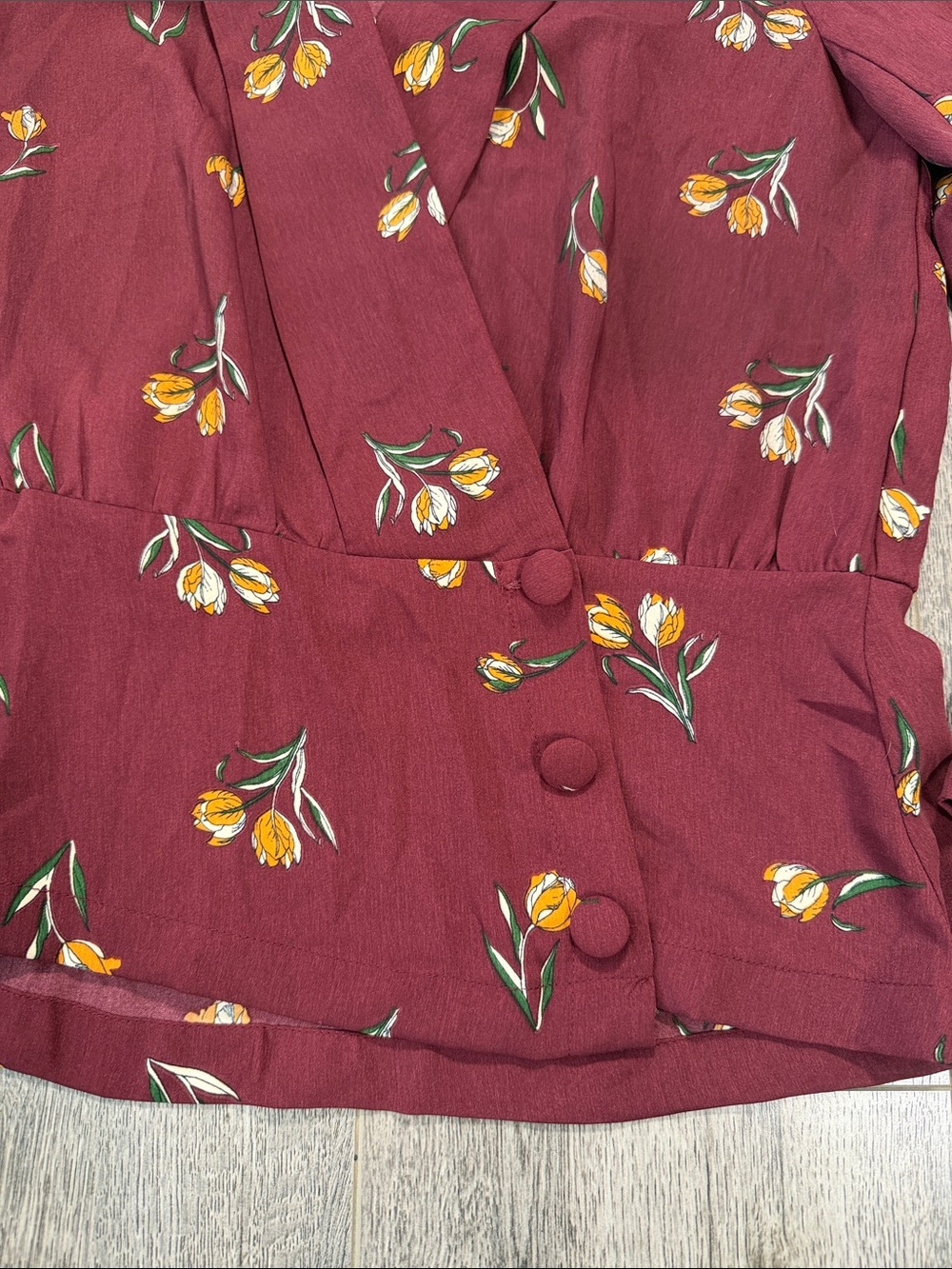 Elodie Burgundy Floral Wrap Blouse with Yellow Accent - Picture 4 of 9